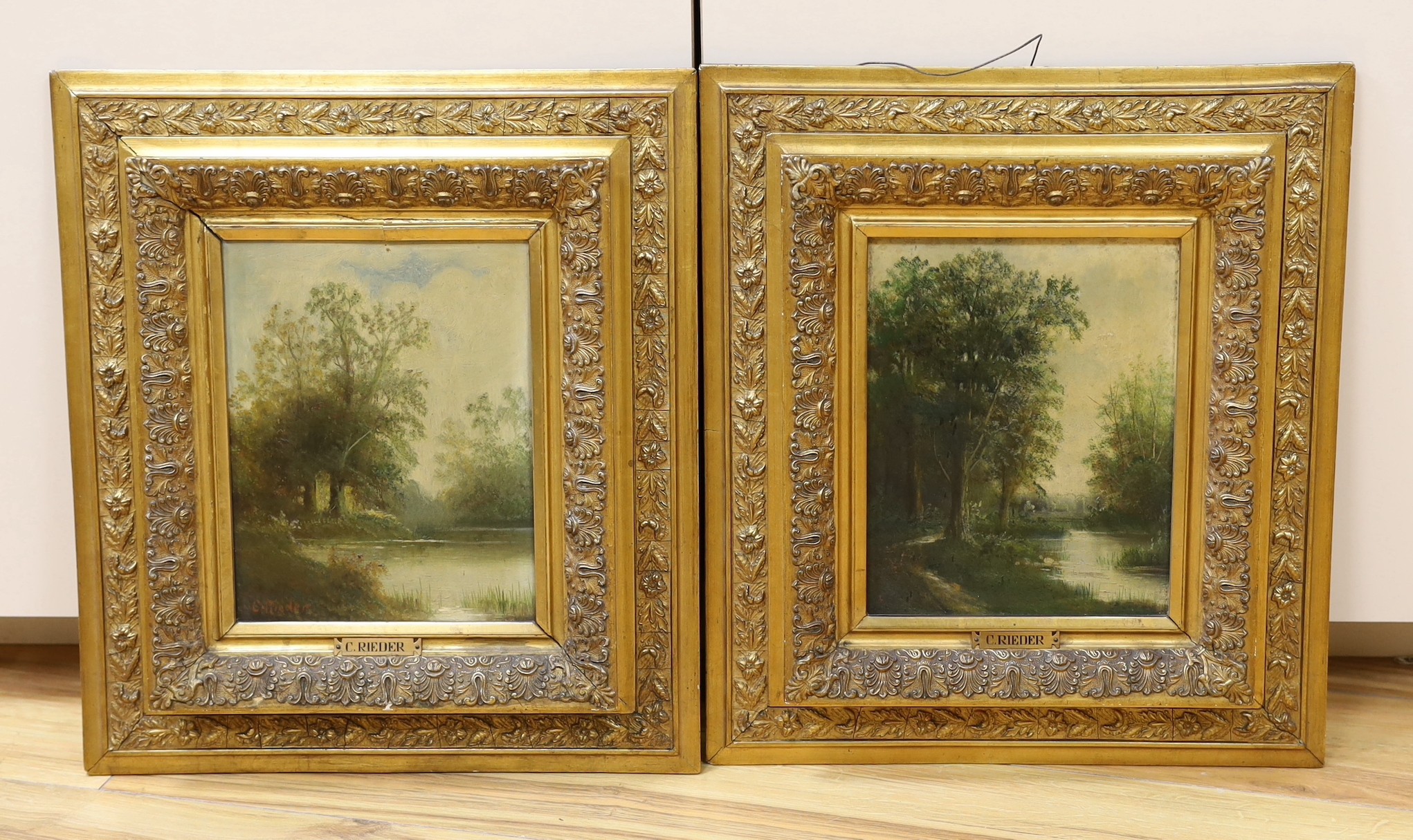 C. Rieder (c.1900), pair of oils on panel, River landscapes, signed, 25 x 20cm